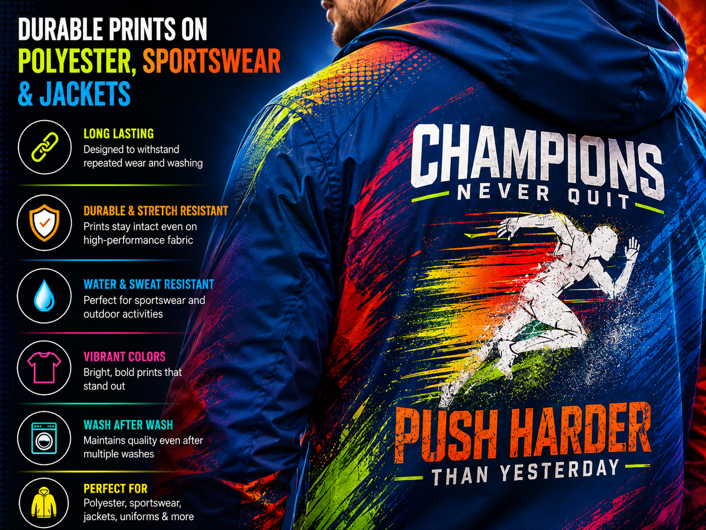 Direct to Film print on a custom polyester sportswear jacket showing durable, vibrant champion graphics