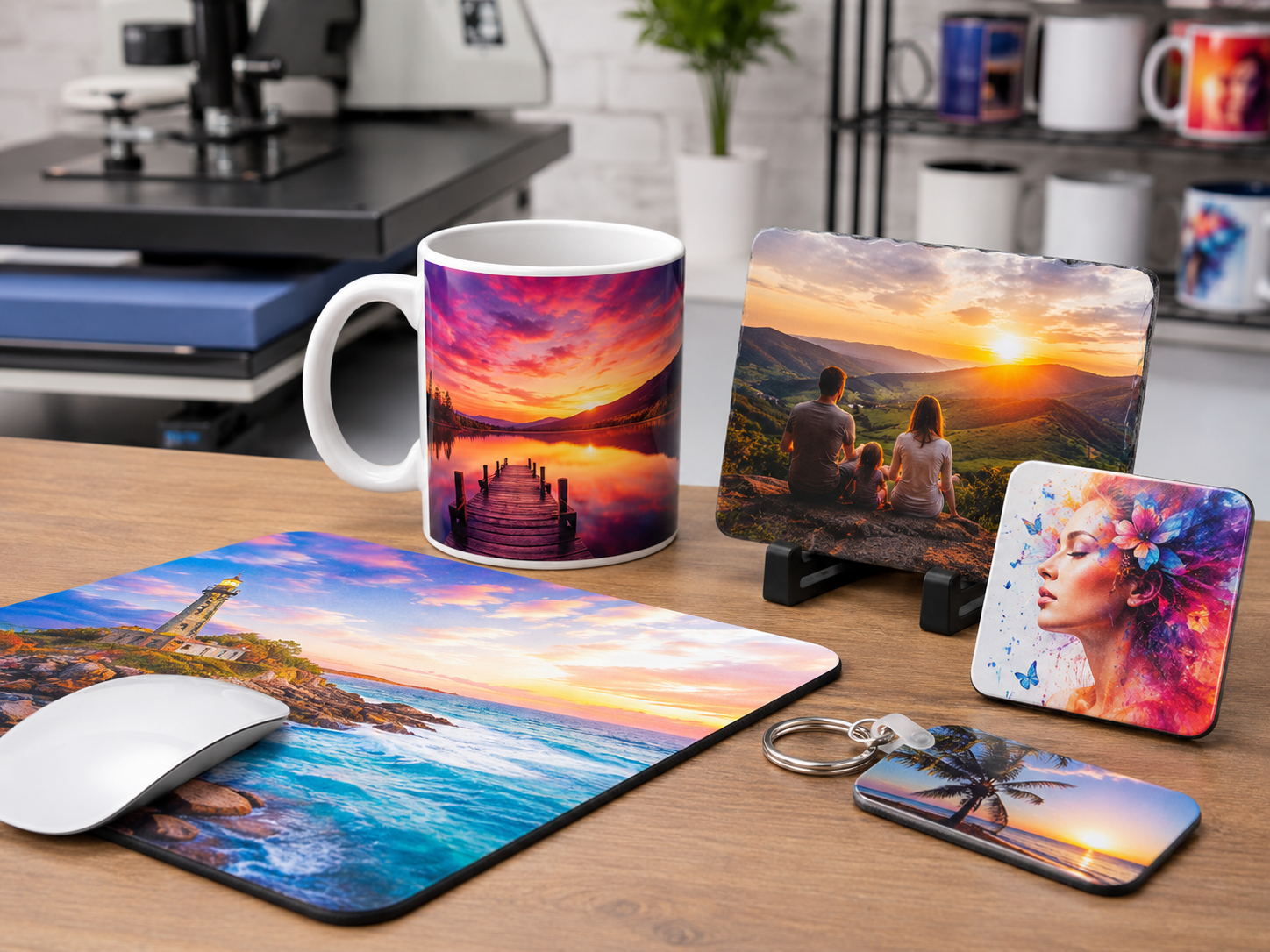 Sublimation printed personalised mug, photo tile, coaster, keyring and mouse mat with vibrant full colour artwork