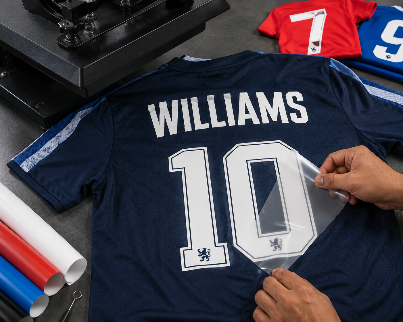 Vinyl printed football jersey with custom WILLIAMS name and number 10 alongside vinyl rolls and a heat press